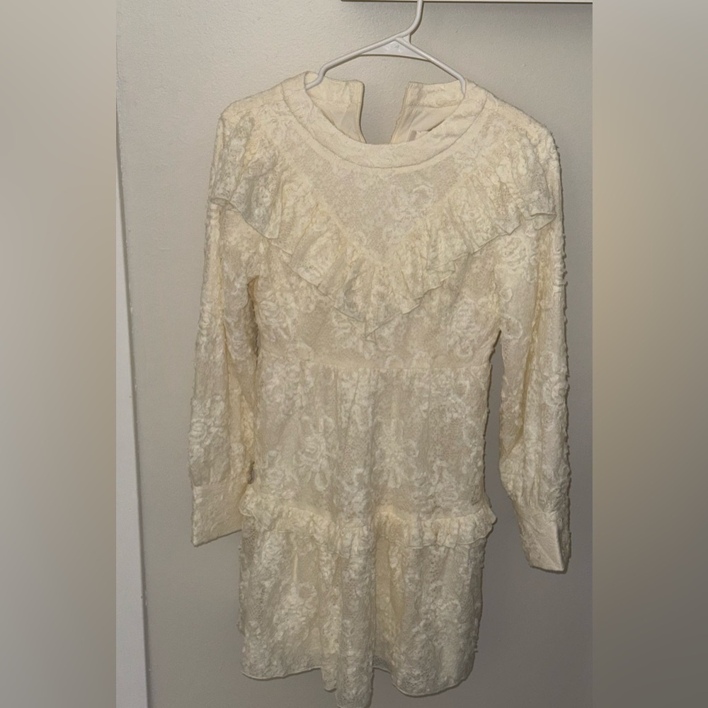 Women's Cream Lace Mini Dress - Elegant Long Sleeve